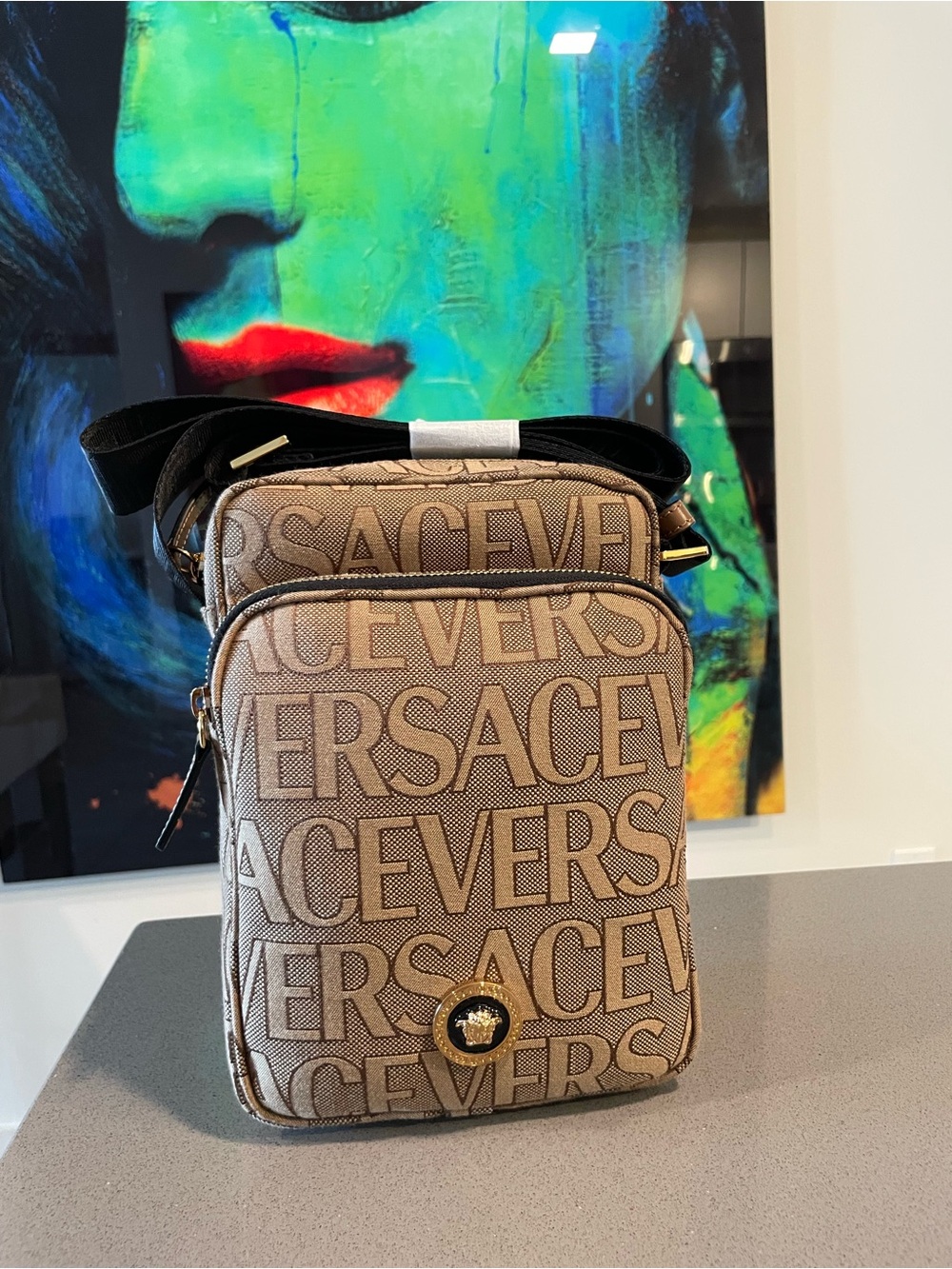Versace Beige Logo Belt Bag with Gold Medallion